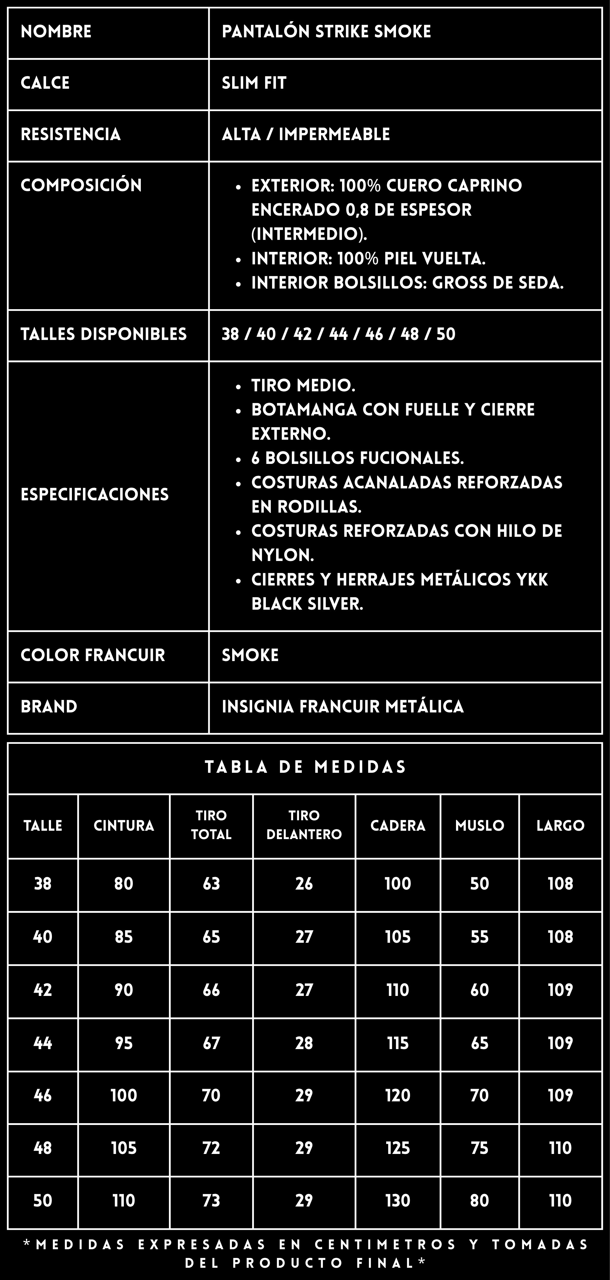 FICHA TÉCNICA PANTALÓN DE CUERO STRIKE SMOKE - FRANCUIR